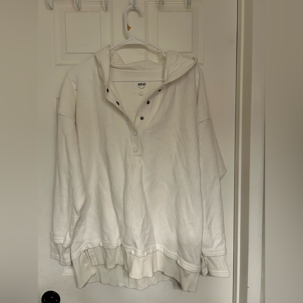 Aerie Textured Waffle Knit Henley Hoodie - Cream/White - Size S